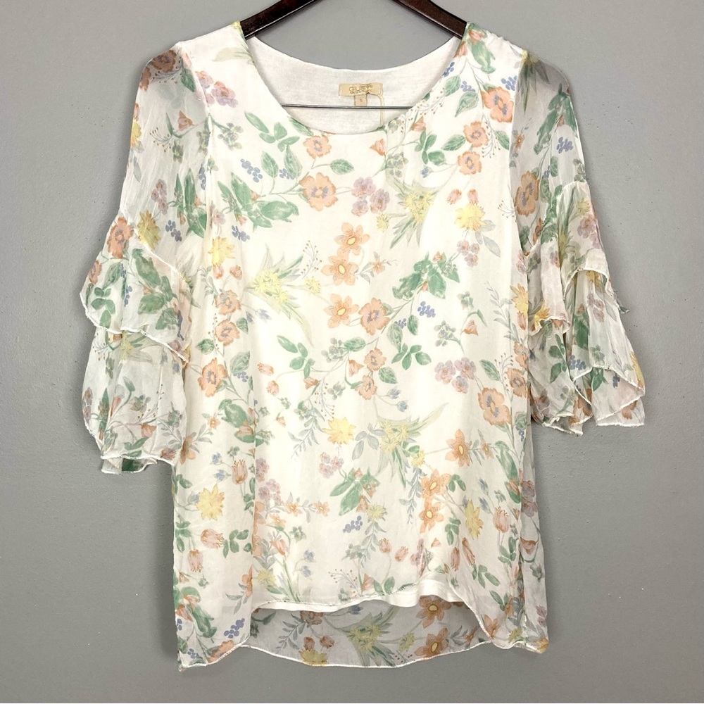 Giusy Silk Bell Sleeve Top Women’s Size S Floral Boho Peasant Made in Italy